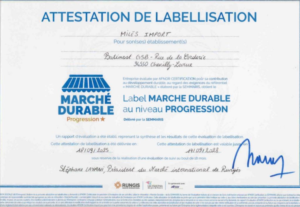 Attestation de labellisation - Miles Import